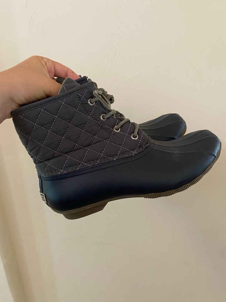 Sperry Saltwater Quilted Waterproof Duck Boots Navy Grey Size 8